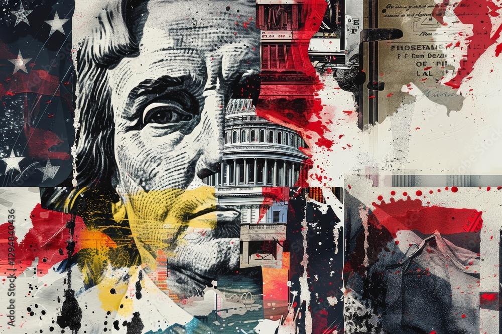 Obraz premium Digital collage with American flag, political figure portrait, and Capitol-like building symbolize US culture and politics, Design a digital collage featuring iconic symbols of the presidency