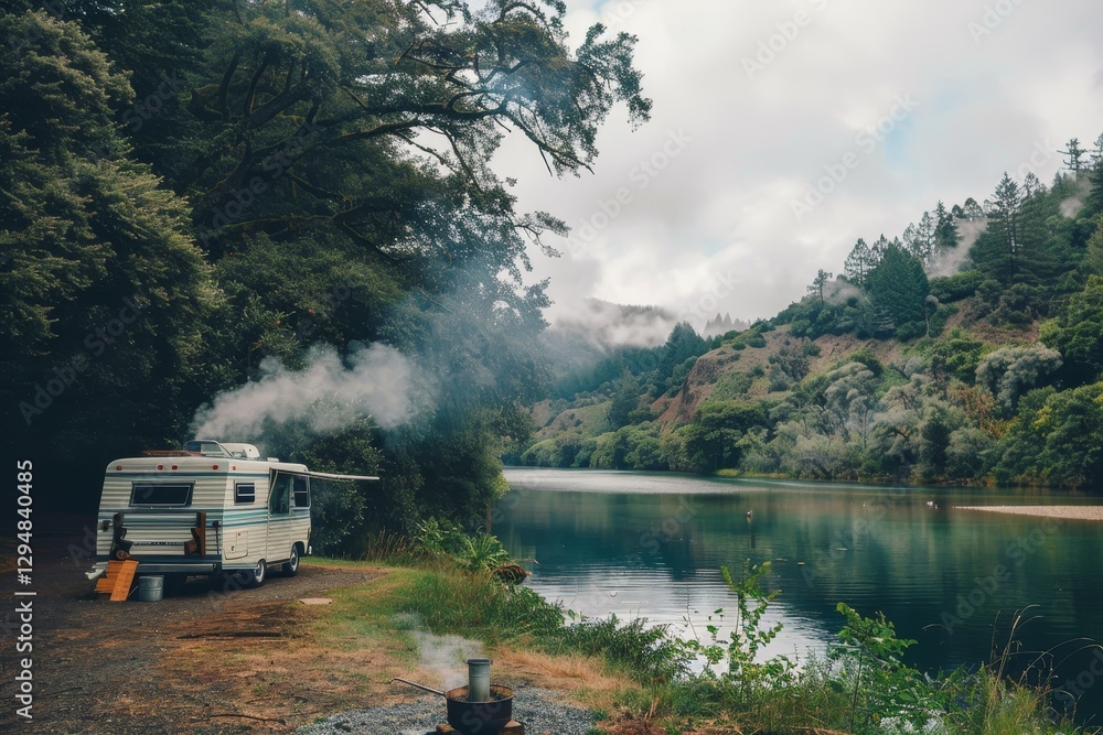 Fototapeta premium A vintage camper sits by a serene river, smoke rising from a nearby campfire, A vintage camper parked by a tranquil river, with smoke rising from the camp stove