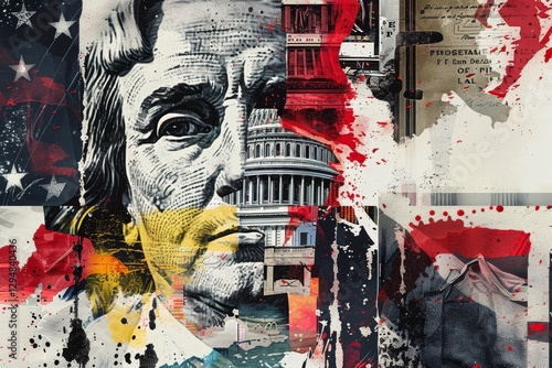 Digital collage with American flag, political figure portrait, and Capitol-like building symbolize US culture and politics, Design a digital collage featuring iconic symbols of the presidency