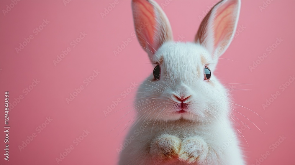 Obraz premium Photo of a little bunny, on a soft pink background Easter theme