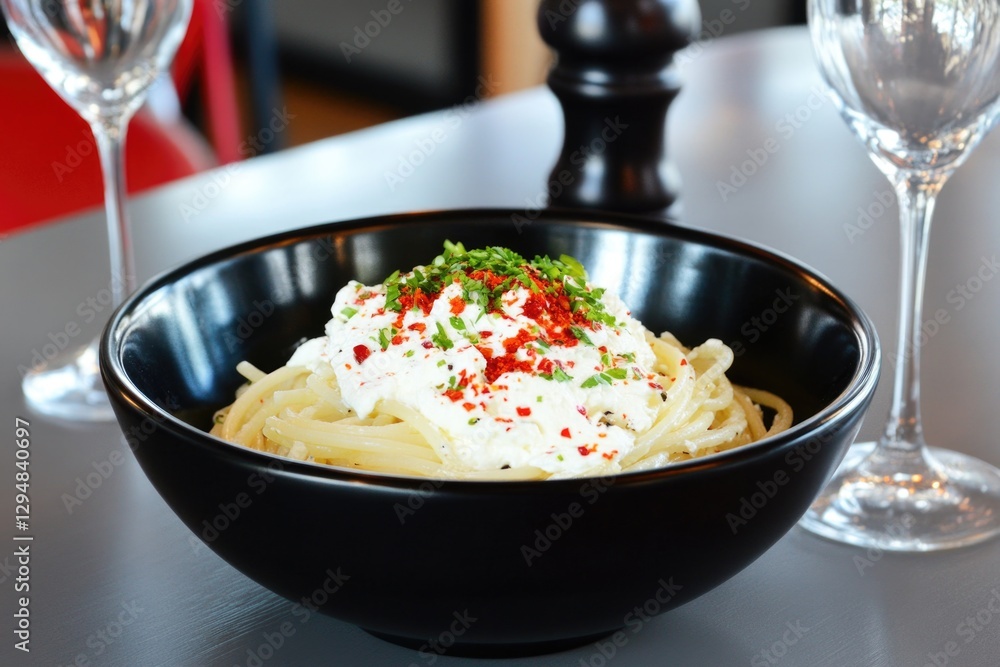Creamy pasta with ricotta and chili flakes in black bowl on table Creamy pasta with ricotta and chili flakes in black bowl on table