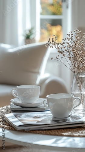 Wallpaper Mural A detailed shot of a stylish coffee table arrangement, with magazines and decorative items, Home decor, Photography, Soft and elegant Torontodigital.ca