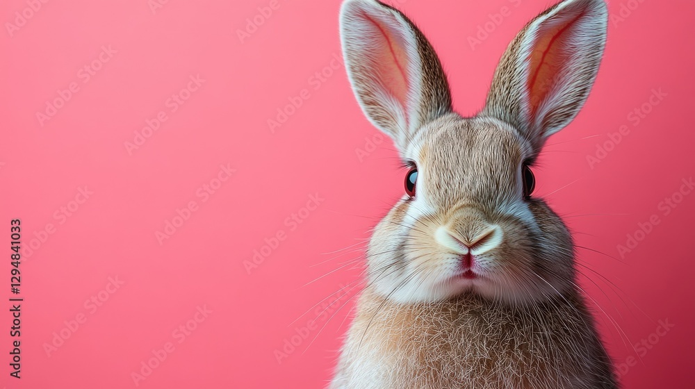 Obraz premium Photo of a little bunny, on a soft pink background Easter theme