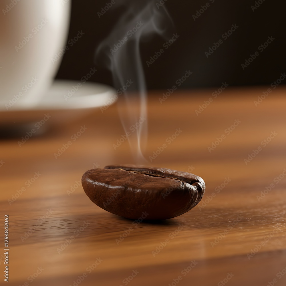 Steaming Coffee Bean on Wooden Table with Cup in Background Steaming Coffee Bean on Wooden Table with Cup in Background