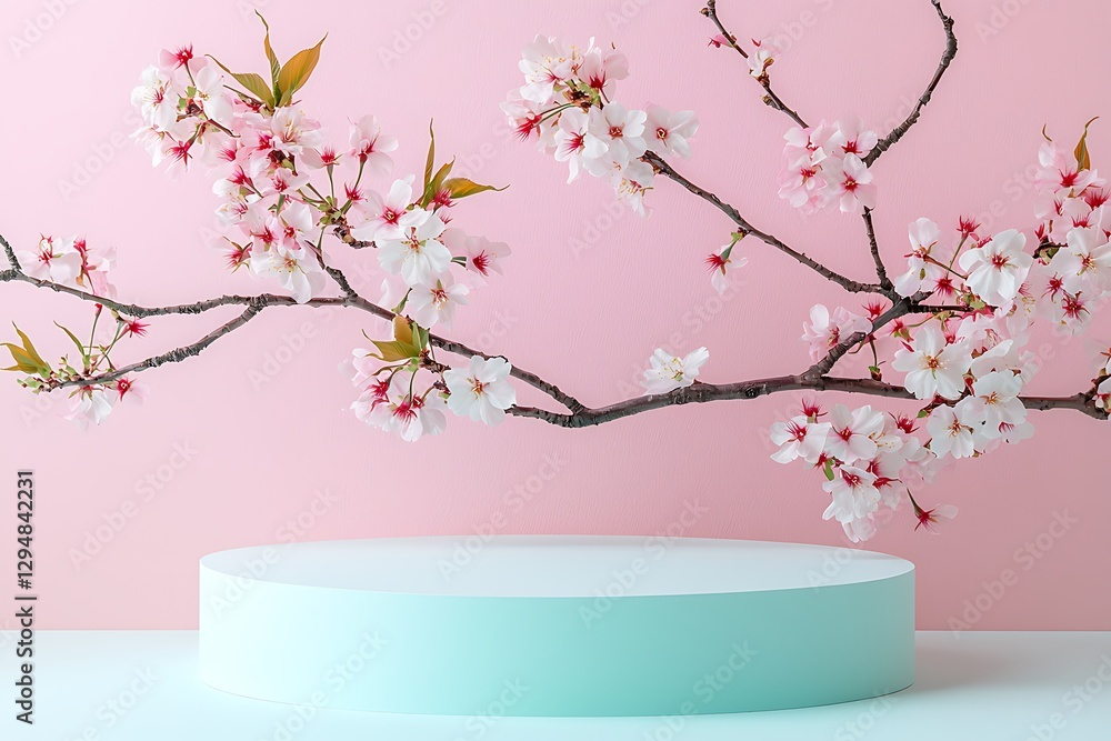Empty podium with Sakura blossom branches on a pastel background, perfect for tranquil beauty product displays and nature-inspired cosmetics Empty podium with Sakura blossom branches on a pastel background, perfect for tranquil beauty product displays and nature-inspired cosmetics