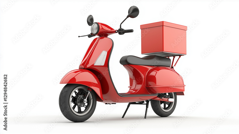 Obraz premium a close up of new delivery scooter in red color and black two wheels with red food box isolated on white background