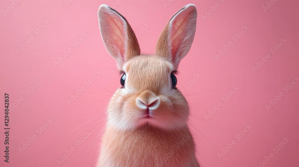 Fototapeta premium Photo of a little bunny, on a soft pink background Easter theme