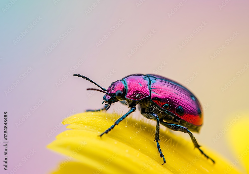 Fototapeta premium Vibrant Beetle Resting on Yellow Petal in Macro Detail