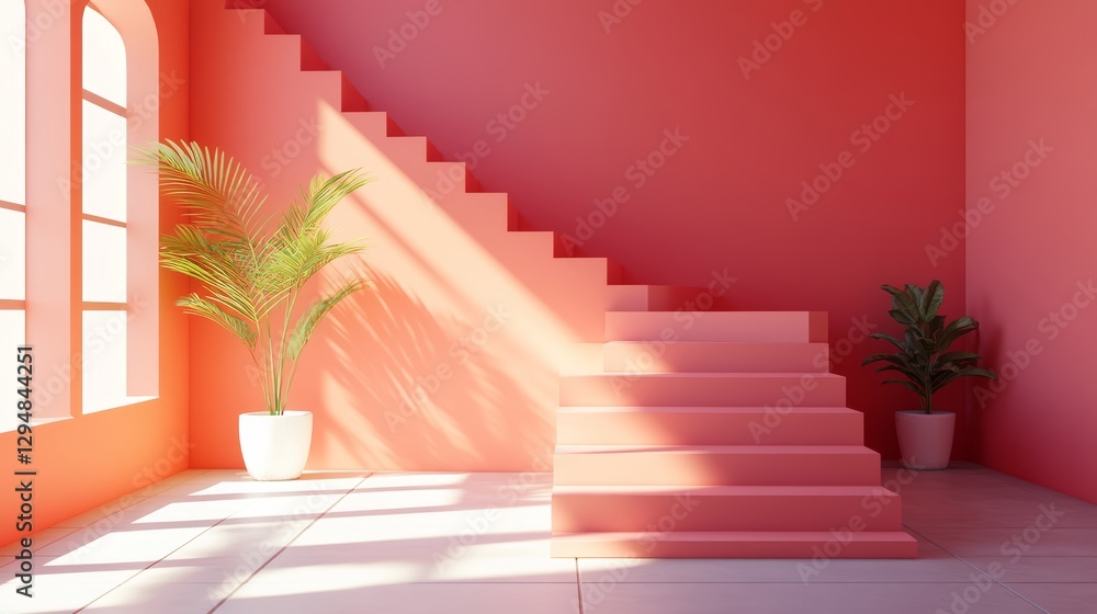 Obraz premium Elegant interior with pink stairs, tropical plant and sunlit window, evoking tranquility and minimalist design