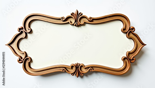 Wooden sign cut out with vintage-style painted border, ornate details, isolated on white