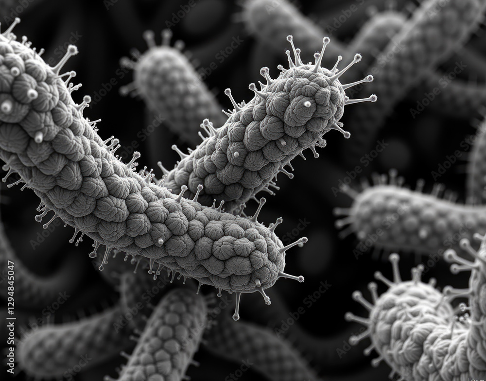 custom made wallpaper toronto digitalBacteria under electron microscope. Ultra-detailed black-and-white micrograph showing intricate bacterial structures.