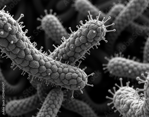 Bacteria under electron microscope. Ultra-detailed black-and-white micrograph showing intricate bacterial structures.
