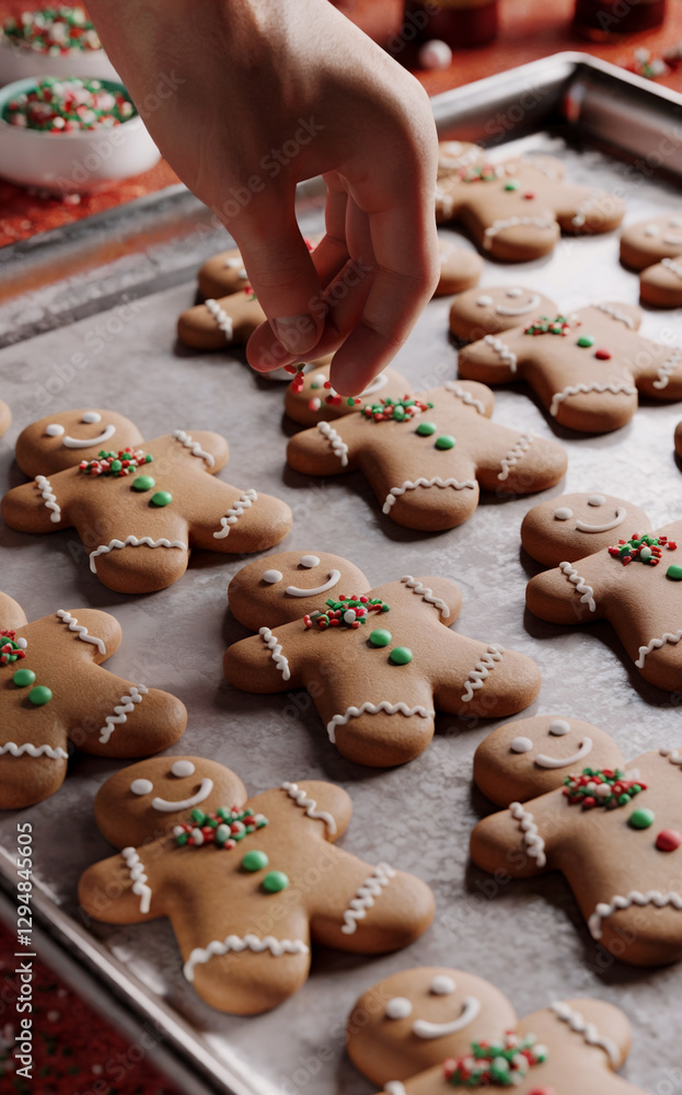 A hand reaches towards a tray filled with gingerbread cookies decorated with icing A hand reaches towards a tray filled with gingerbread cookies decorated with icing