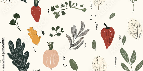 Hand-drawn vegetable seamless pattern. Elegant food repeat background for kitchen, restaurant, design, packaging, fabric, wallpaper, branding, stationery, wrapping paper, interior