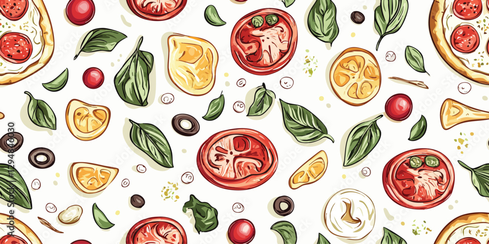 Pizza ingredients seamless pattern. Elegant food repeat background for kitchen, restaurant, menu design, packaging, fabric, wallpaper, branding, stationery, wrapping paper, interior Pizza ingredients seamless pattern. Elegant food repeat background for kitchen, restaurant, menu design, packaging, fabric, wallpaper, branding, stationery, wrapping paper, interior