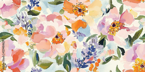 Seamless watercolor floral vector pattern with peonies, leaves, and wildflowers in soft pastel shades. Elegant botanical design for fabric, packaging, wallpaper, wedding invitations, branding