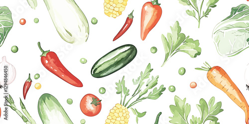 Watercolor vegetable seamless pattern. Elegant food repeat background for kitchen, restaurant, design, packaging, fabric, wallpaper, branding, stationery, wrapping paper, interior
