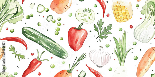 Watercolor vegetable seamless pattern. Elegant food repeat background for kitchen, restaurant, design, packaging, fabric, wallpaper, branding, stationery, wrapping paper, interior