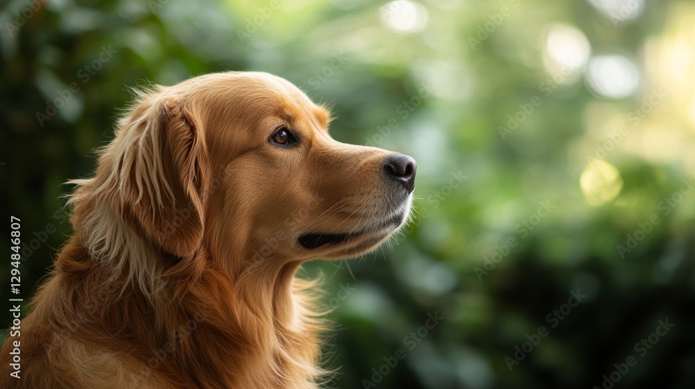 Golden retriever dog profile in natural greenery background. Golden retriever dog profile in natural greenery background.