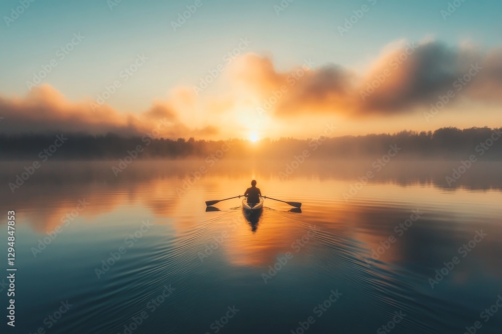 Fototapeta premium Tranquil lake with misty sunrise and reflection on water