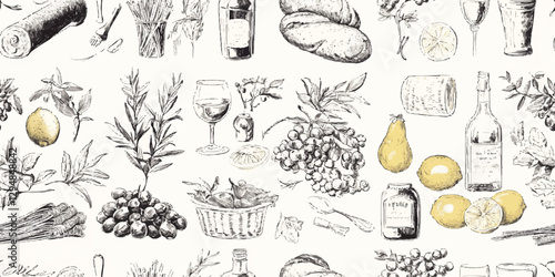Seamless vintage food vector pattern with hand-drawn Mediterranean ingredients bread, cheese, wine, herbs, and citrus. Elegant culinary background for packaging, restaurant branding, menus, textiles