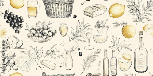 Seamless vintage food vector pattern with hand-drawn Mediterranean ingredients bread, cheese, wine, herbs, and citrus. Elegant culinary background for packaging, restaurant branding, menus, textiles