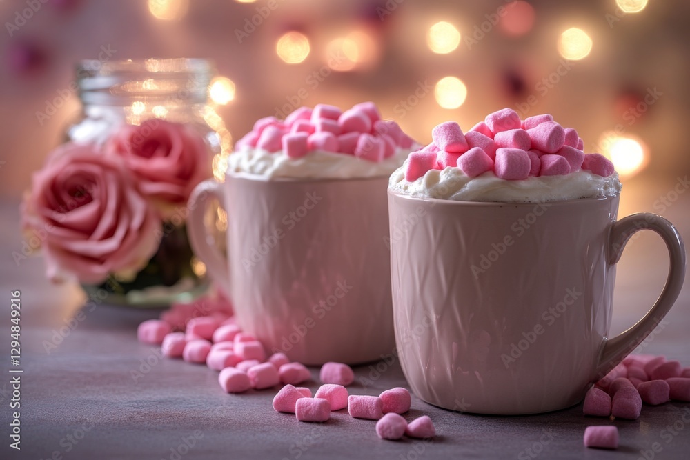 Romantic cozy scene with a cup of hot chocolate and pink marshmallows surrounded by roses Romantic cozy scene with a cup of hot chocolate and pink marshmallows surrounded by roses
