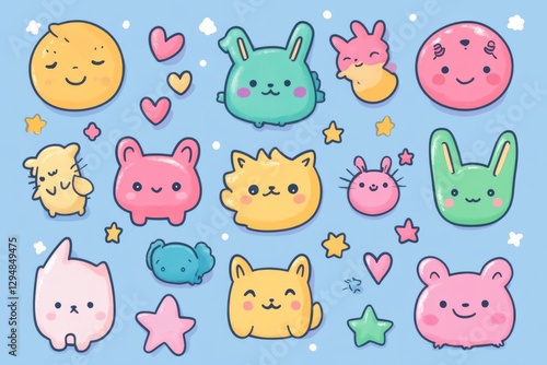 Seamless pastel-colored pattern featuring adorable cartoon animals with playful expressions