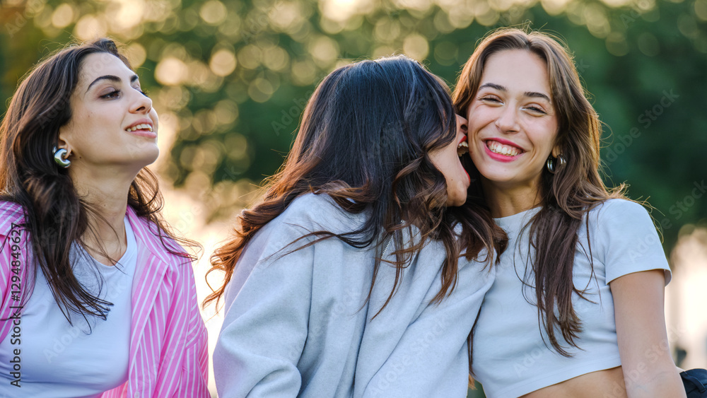 Obraz premium Three beautiful young women posing for the camera on a sunny day in a tree-filled park