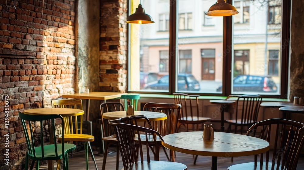 Obraz premium Inviting interior of a charming caf, with rustic brick wall and warm lighting