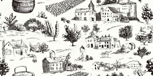 Seamless vintage vineyard vector pattern with hand-drawn wine landscapes, grapevines, barrels, rustic architecture. Elegant winery themed background for packaging, restaurant branding, menus, textiles