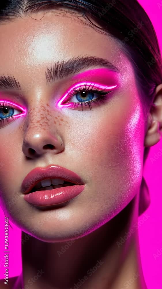 Stunning beauty portrait featuring neon makeup with vivid pink background and striking facial features illuminated by bright lights Stunning beauty portrait featuring neon makeup with vivid pink background and striking facial features illuminated by bright lights