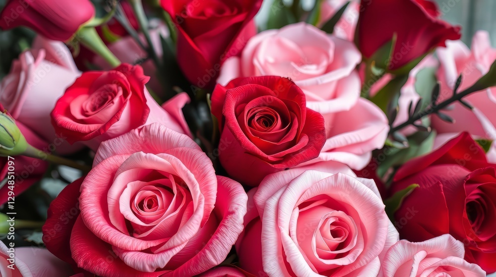 Close-up of a Luxurious Bouquet of Pink and Red Roses in Full Bloom Close-up of a Luxurious Bouquet of Pink and Red Roses in Full Bloom