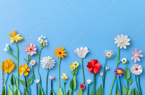 A vibrant array of colorful paper flowers against a blue background. photo