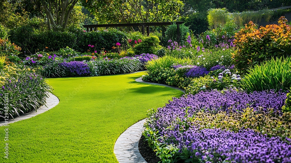 Obraz premium Manicured Garden Lawn Bordered by Colorful Flower Beds / 色とりどりの花壇に縁取られた手入れされた庭の芝生