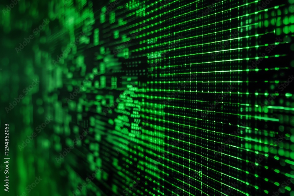 A close-up shot of a monochrome display with a green pixel grid pattern, Flickering green and black pixels on a monochrome monitor A close-up shot of a monochrome display with a green pixel grid pattern, Flickering green and black pixels on a monochrome monitor