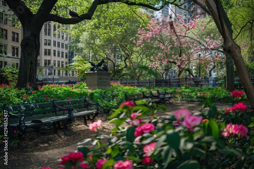 Park bench surrounded by pink blossoms and greenery, a tranquil escape from urban frenzy, A serene park nestled among bustling city streets, filled with blooming flowers and chirping birds photo