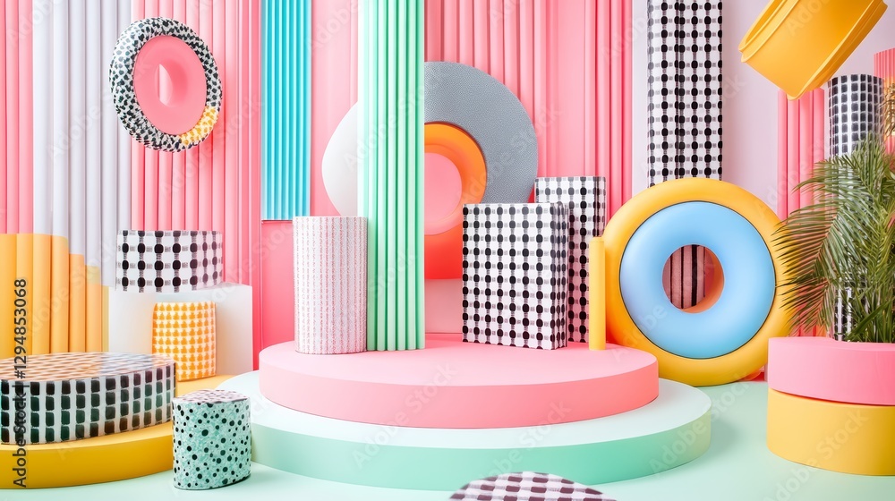 Obraz premium Playful Still Life Composition with Vibrant Geometric Shapes and Patterns