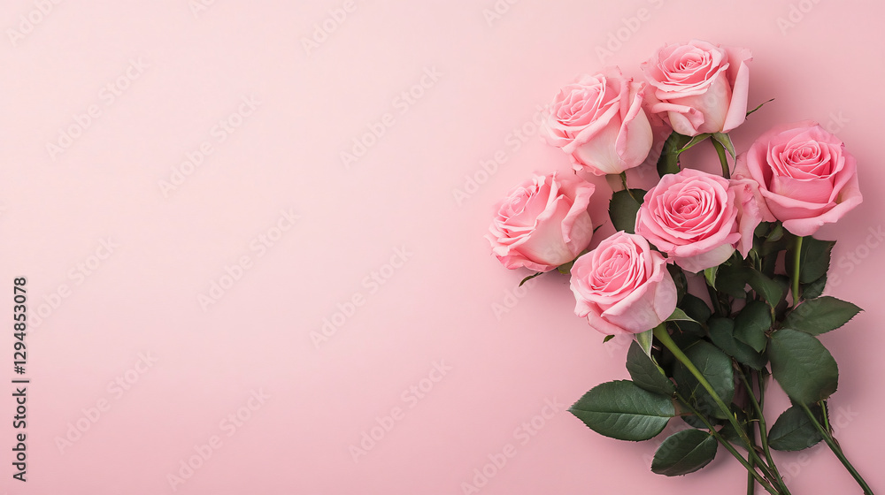 Elegant pink roses with lush green leaves on pink background. Romantic floral composition. Elegant pink roses with lush green leaves on pink background. Romantic floral composition.