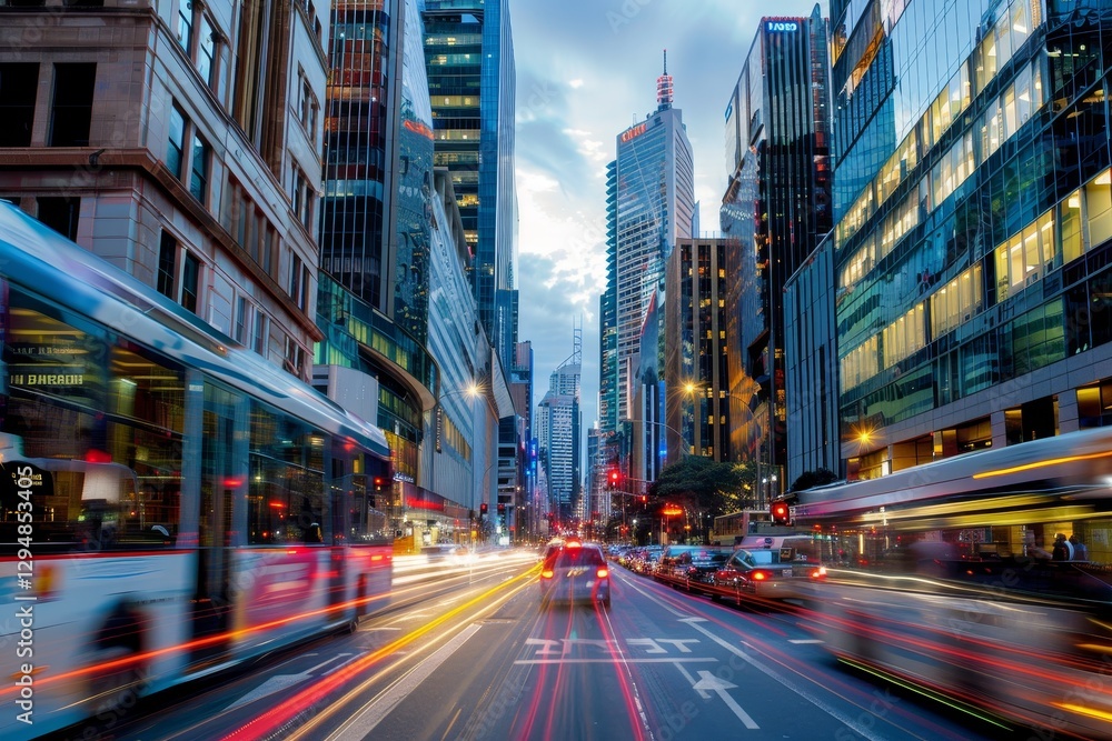 A bustling city street filled with traffic and tall buildings, Busy city streets bustling with activity beneath a skyline filled with towering office buildings A bustling city street filled with traffic and tall buildings, Busy city streets bustling with activity beneath a skyline filled with towering office buildings