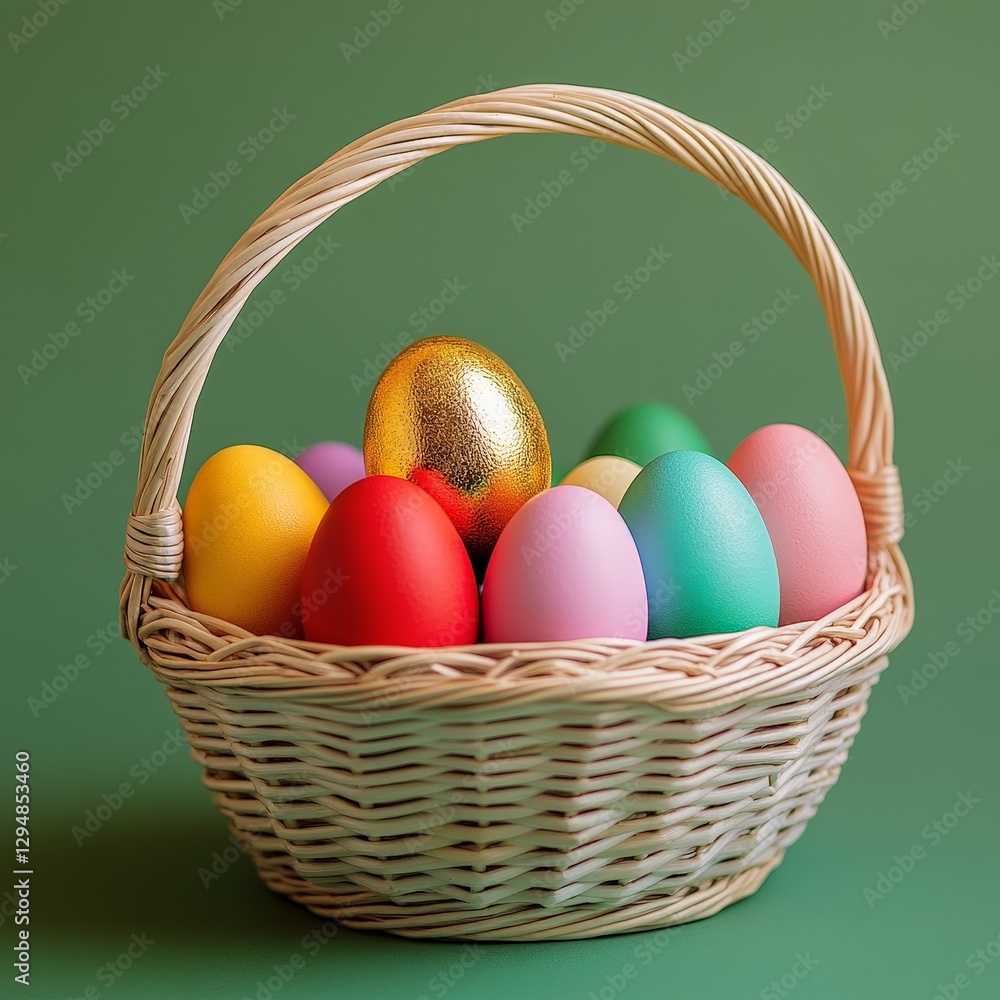 Colorful Easter eggs in woven basket with soft green backdrop Colorful Easter eggs in woven basket with soft green backdrop