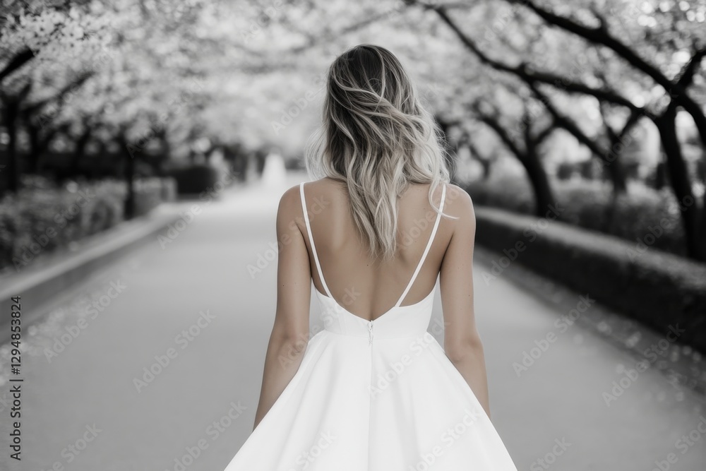 A woman in an elegant white dress walks through a serene path lined with blossoming trees, embodying grace and tranquility in a beautiful outdoor setting. A woman in an elegant white dress walks through a serene path lined with blossoming trees, embodying grace and tranquility in a beautiful outdoor setting.