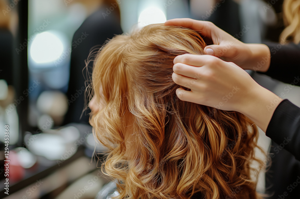 Woman trying a hair wig in beauty salon. Hairdresser make trendy haircut and styling hair Woman trying a hair wig in beauty salon. Hairdresser make trendy haircut and styling hair