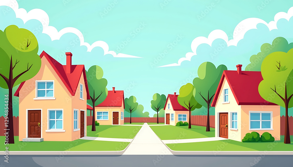 Naklejka premium Colorful cartoon neighborhood with houses and trees