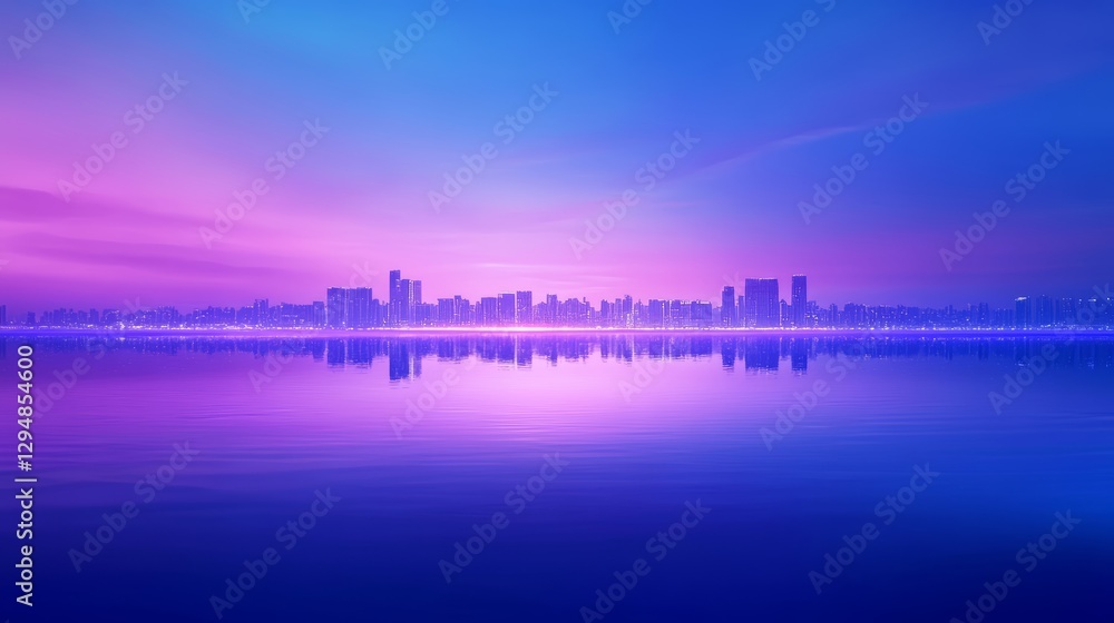 Fototapeta premium Serene cityscape reflection under a vibrant twilight skyline scene