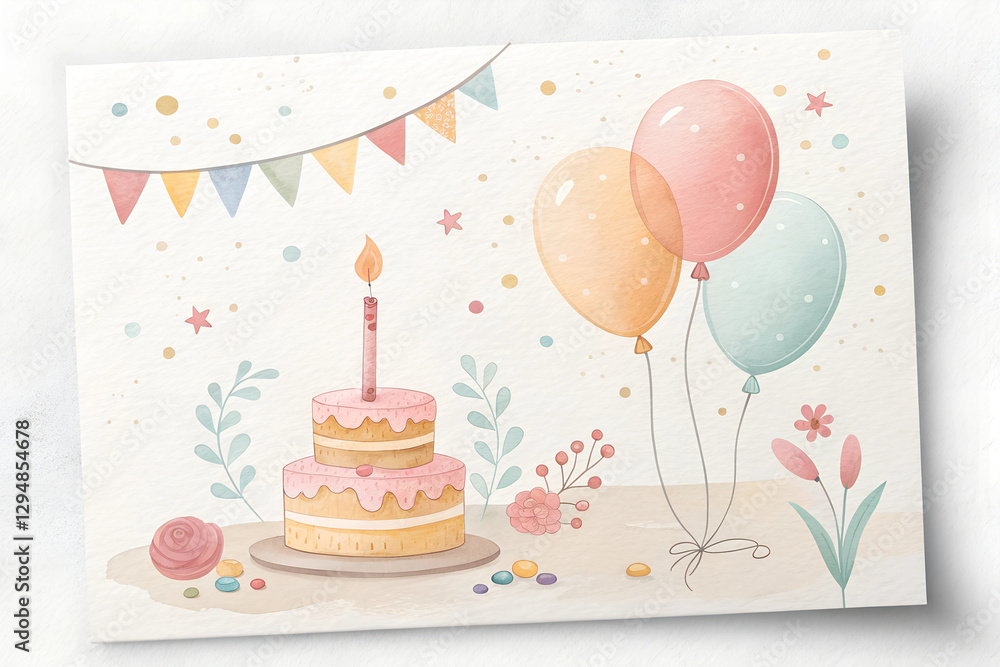 Festive Birthday Scene with Cake and Balloons: Cheerful Design for Celebrations Festive Birthday Scene with Cake and Balloons: Cheerful Design for Celebrations