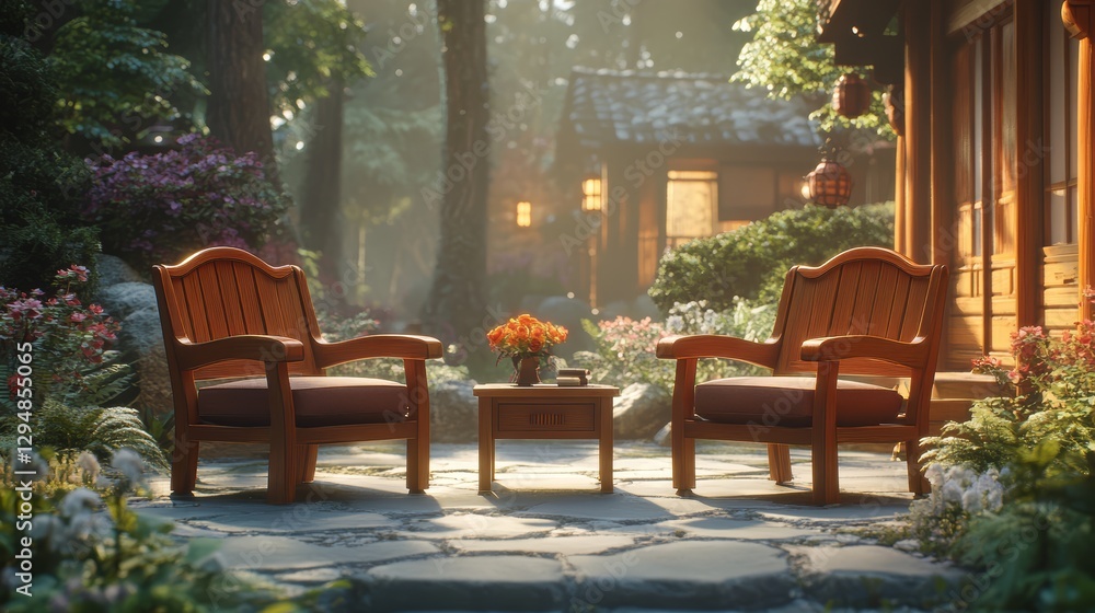 Fototapeta premium Serene outdoor seating area with wooden chairs and nature's charm