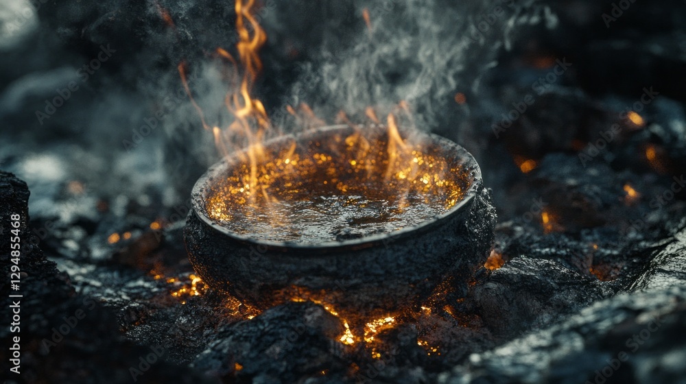 A rustic pot of coffee bubbles on a campfire, steam swirling into the fresh air. The surrounding environment enhances the warmth and comfort of outdoor brewing, inviting relaxation A rustic pot of coffee bubbles on a campfire, steam swirling into the fresh air. The surrounding environment enhances the warmth and comfort of outdoor brewing, inviting relaxation