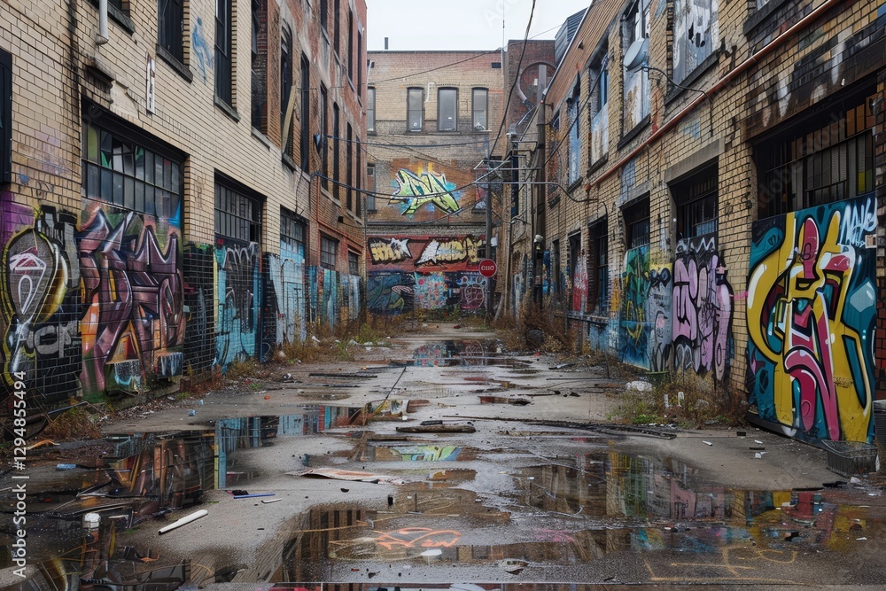Fototapeta premium A graffiti-covered alleyway in a city, with abandoned buildings on either side, Graffiti-covered alleyways lined with abandoned buildings