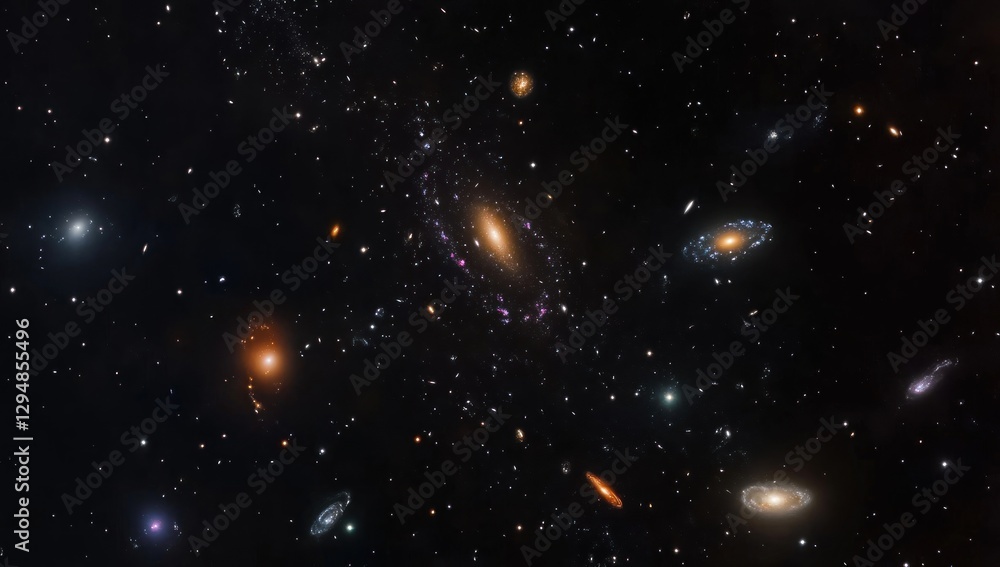 Fototapeta premium Deep space image showing multiple galaxies of varying shapes and sizes, stars, and cosmic dust.